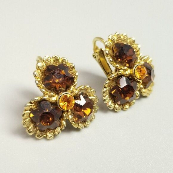 Vintage Dark Orange Rhinestone and Gold Tone Clip On Earrings, Retro Unsigned - Picture 3 of 7